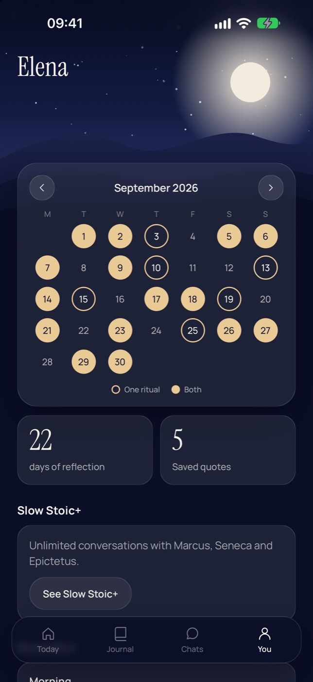 A month calendar with gold-filled days for completed rituals, and the totals '22 days of reflection' and '5 saved quotes'.