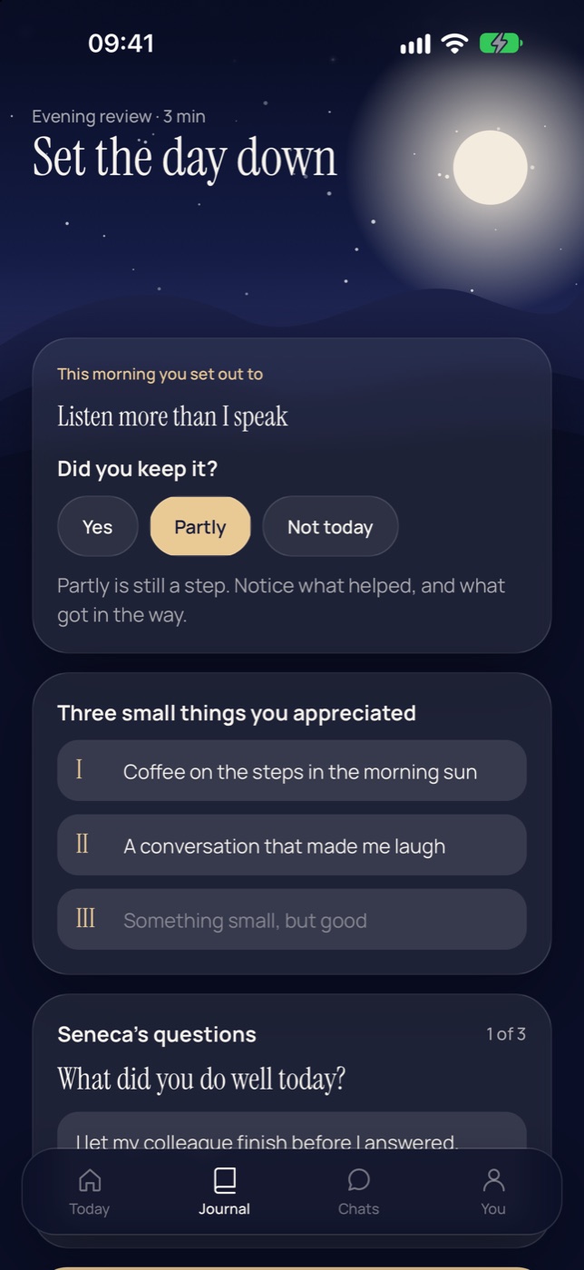The evening review: 'Did you keep it?' with the answers Yes, Partly and Not today, three small things you appreciated, and Seneca's questions.