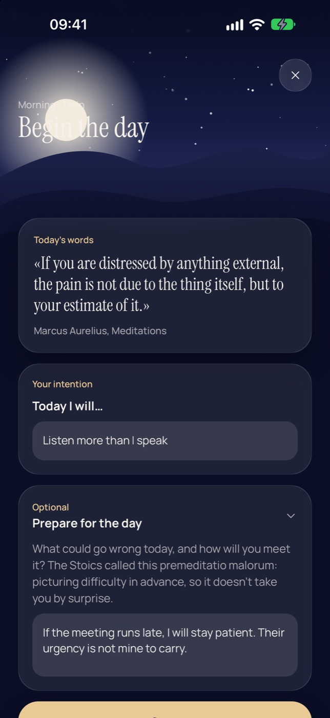 The morning ritual: today's words, the prompt 'Today I will…' answered with 'Listen more than I speak', and an optional section to prepare for the day.