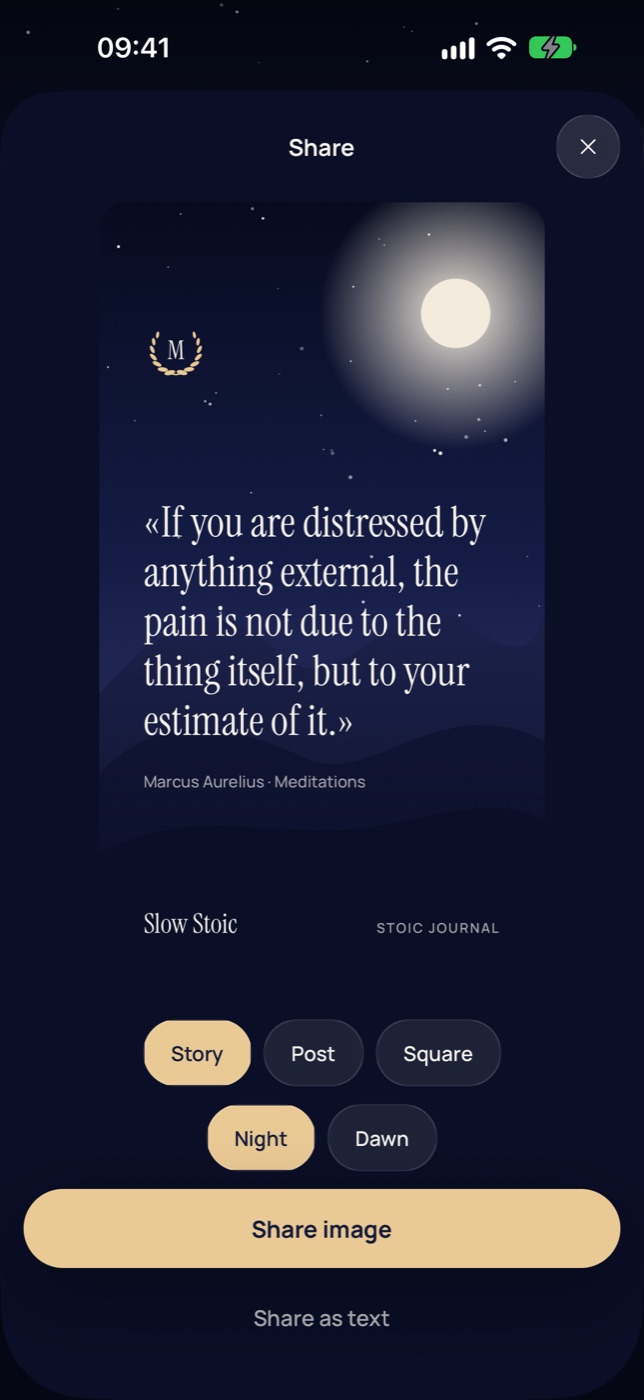 The share sheet: a quote card by Marcus Aurelius under a moonlit sky, with Story, Post and Square sizes and Night or Dawn styles.