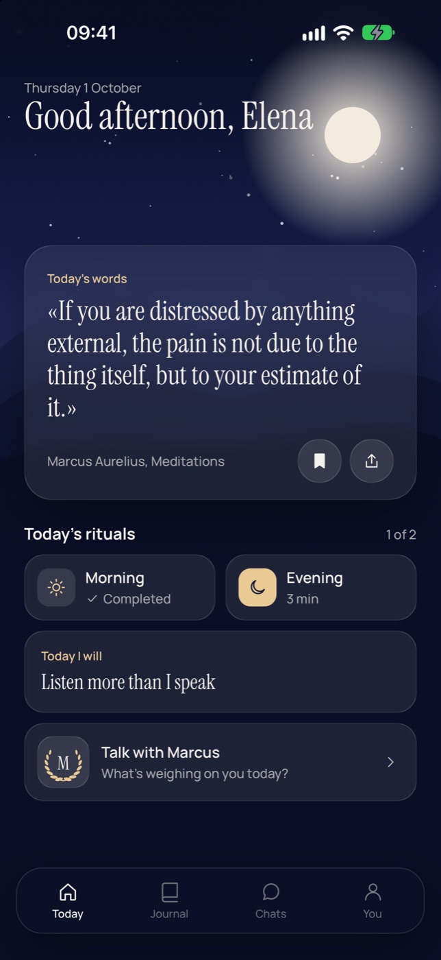 The Today screen: a greeting, today's words from Marcus Aurelius, the morning and evening rituals, and the intention 'Listen more than I speak'.