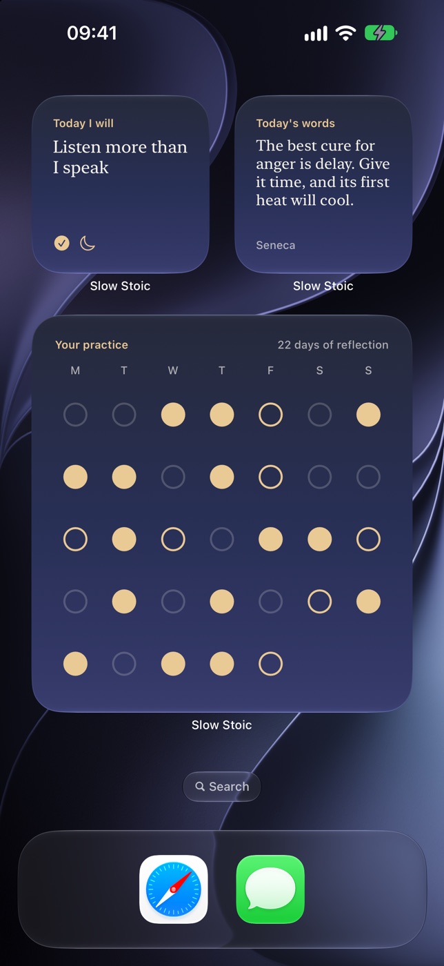 An iPhone home screen with three Slow Stoic widgets: today's intention, today's quote from Seneca, and a five-week calendar of rituals with '22 days of reflection'.